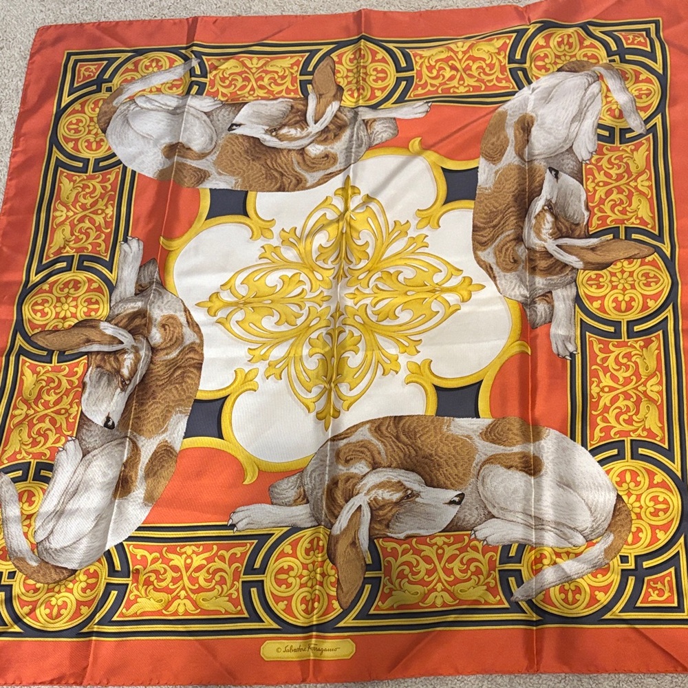Salvatore Ferragamo Vintage Orange and Gold Scarf